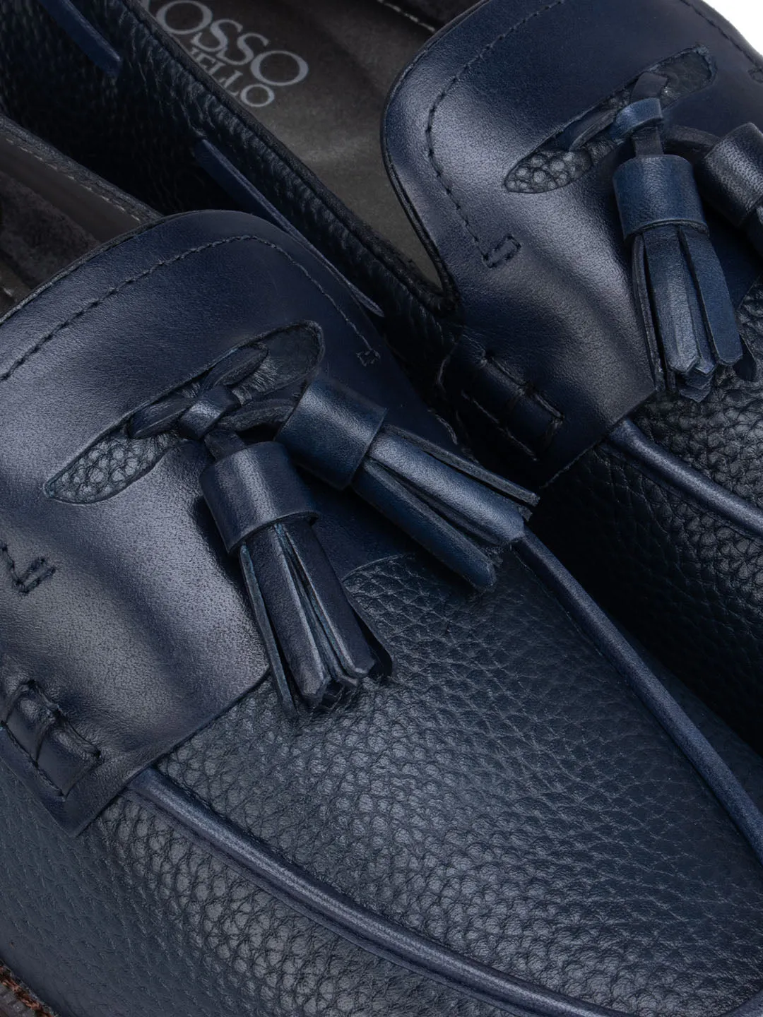 Navy Textured Loafers With Tassels
