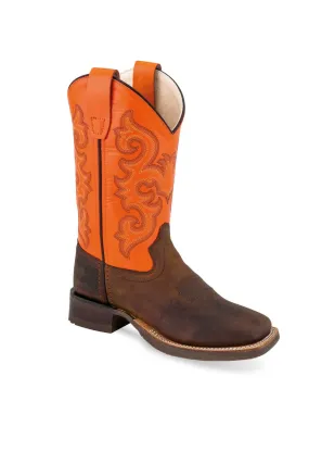 Old West Orange/Brown Youth Boys Leather Western Cowboy Boots 5D