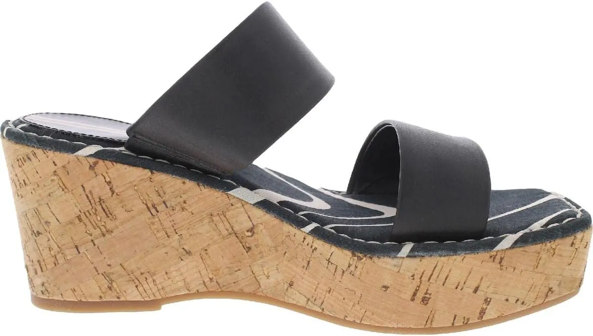 Sam Edelman Alissa Black Leather Slip On Double Straps Open Toe Wedges Sandals