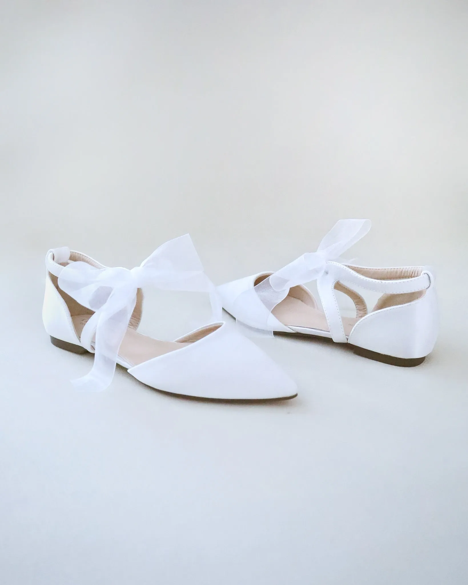 Satin Pointy Toe Flats with Chiffon Ribbon Tie