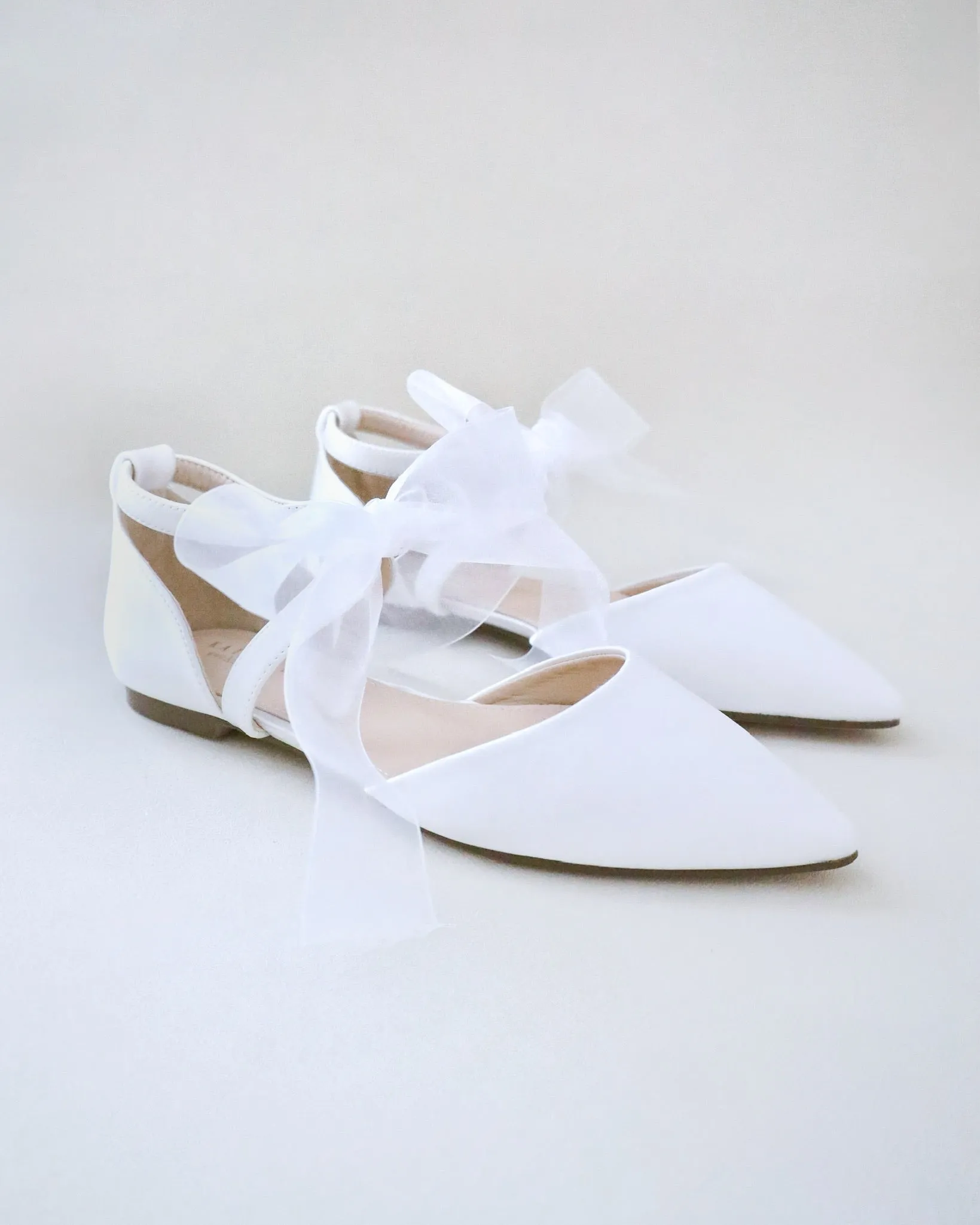 Satin Pointy Toe Flats with Chiffon Ribbon Tie