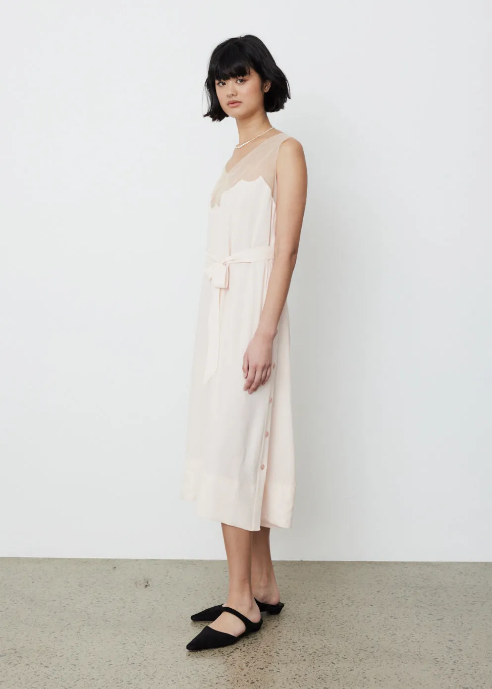 Scallop Tulle Neckline Slip Dress