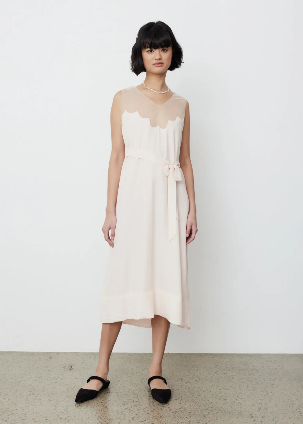 Scallop Tulle Neckline Slip Dress