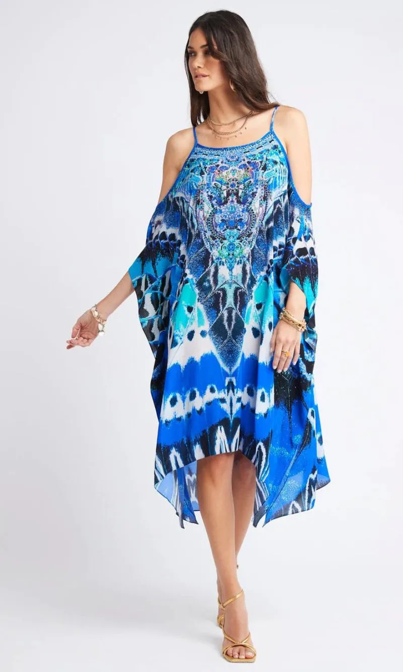 Silk Short Kaftan Cold Shoulder Wild Feathers