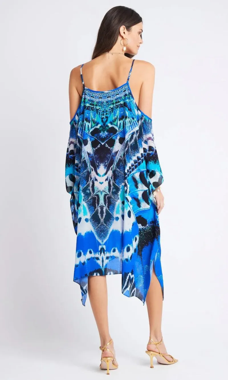 Silk Short Kaftan Cold Shoulder Wild Feathers