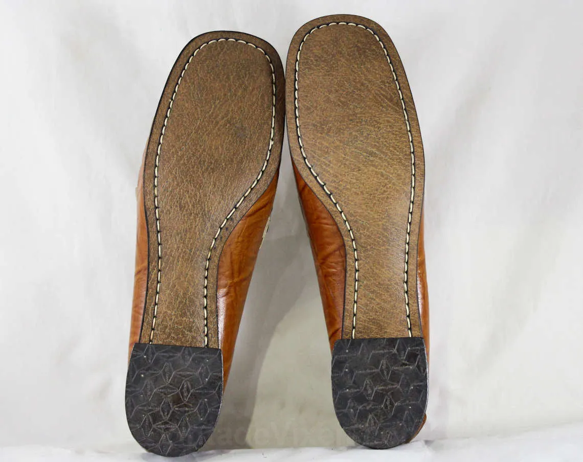 Size 7 Leather Loafers - Unworn 60s Shoes - 1960s Mod Casual Loafers - Slick Caramel Brown Textured - Kitsch Preppie 60s Deadstock - 46975-2