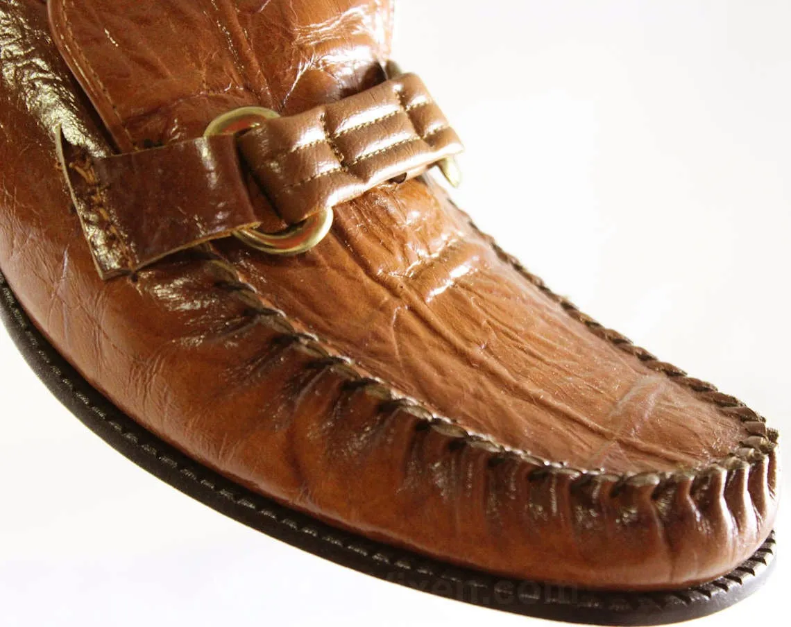 Size 7 Leather Loafers - Unworn 60s Shoes - 1960s Mod Casual Loafers - Slick Caramel Brown Textured - Kitsch Preppie 60s Deadstock - 46975-2