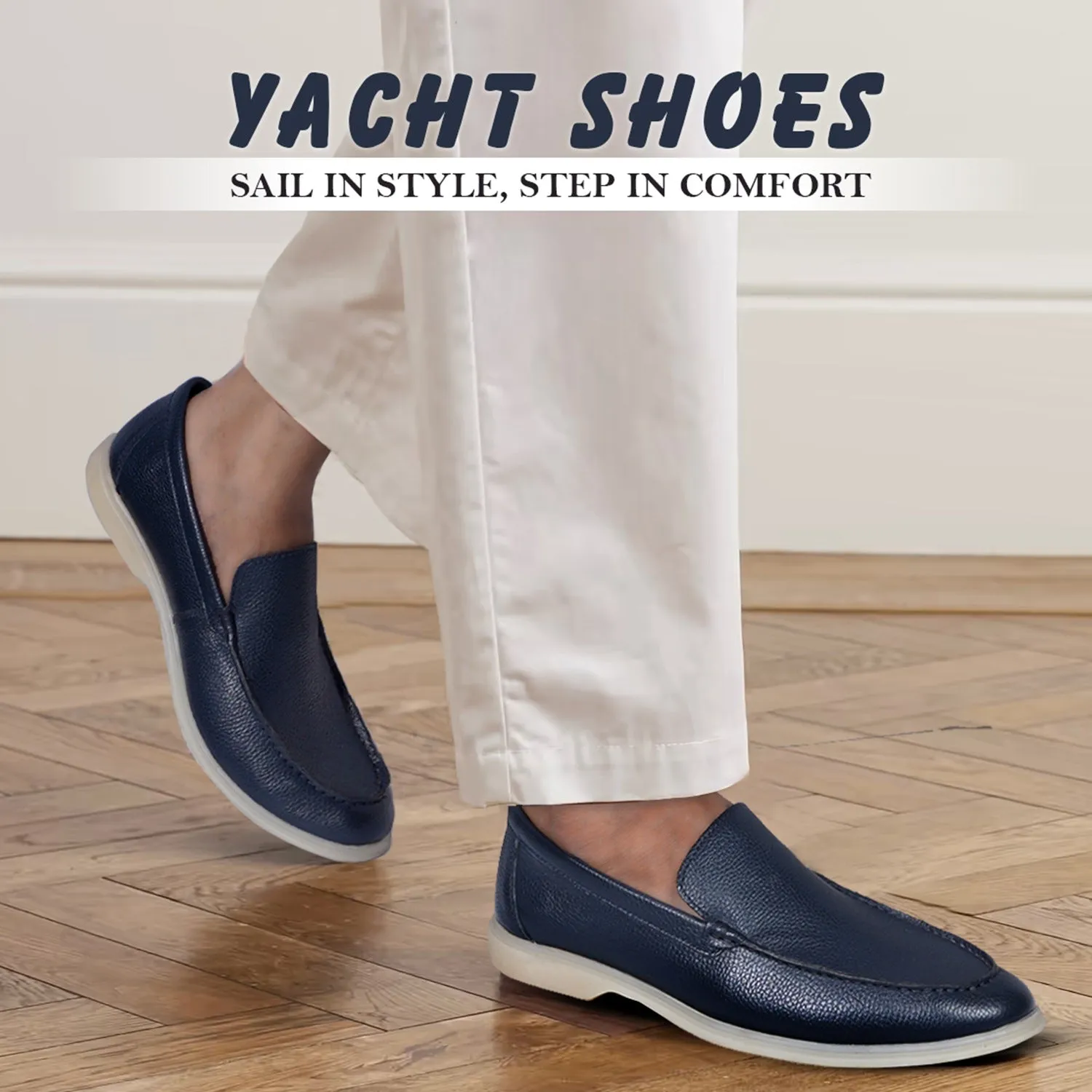 Textured Leather Yacht Slip-On Shoes in Navy Blue Color
