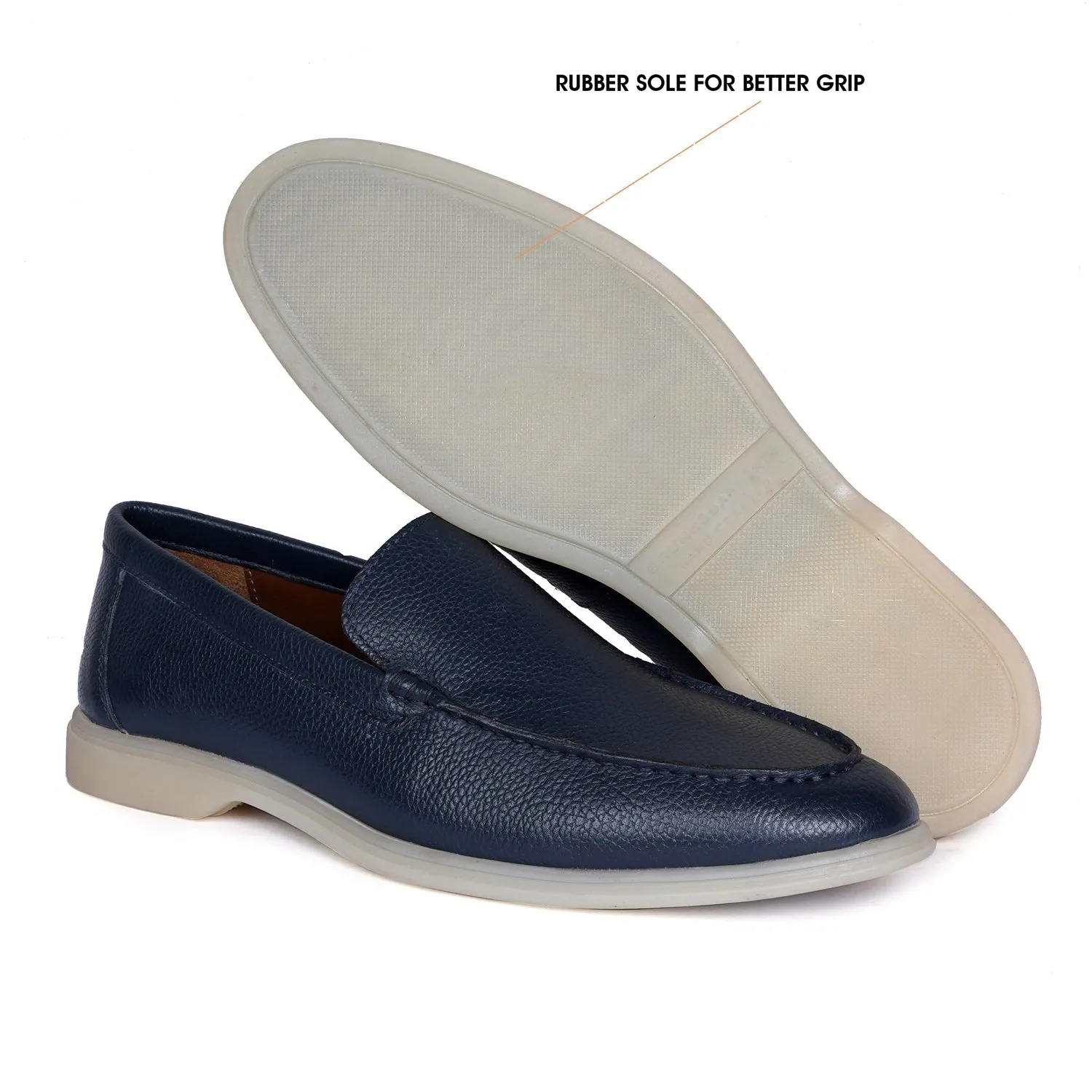 Textured Leather Yacht Slip-On Shoes in Navy Blue Color