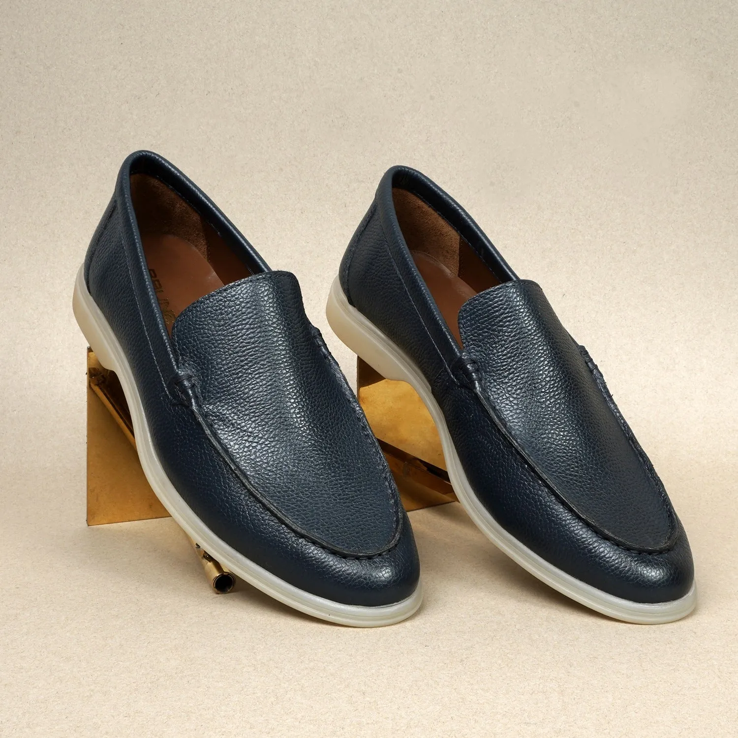 Textured Leather Yacht Slip-On Shoes in Navy Blue Color