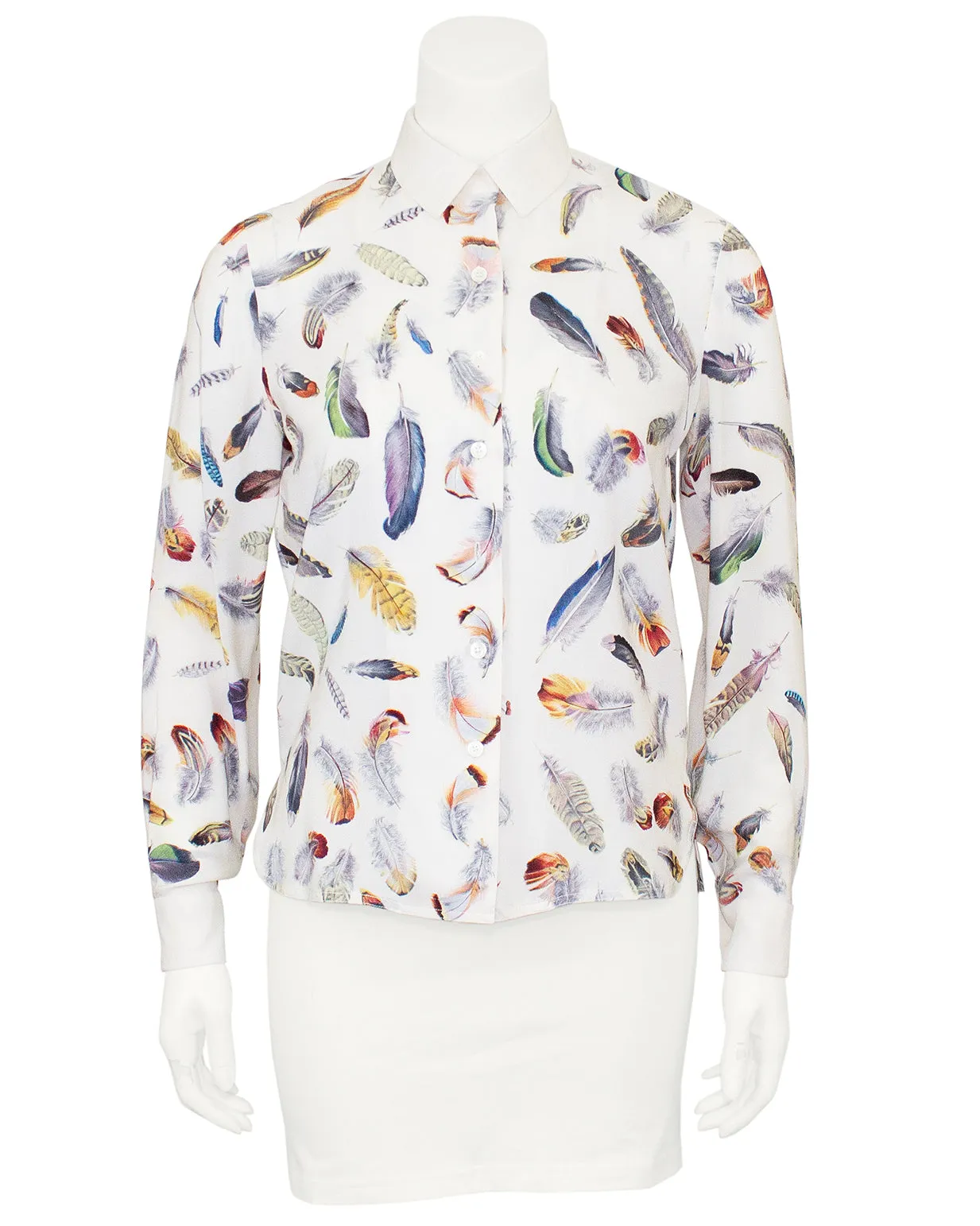 White Silk Blouse with Feather Print
